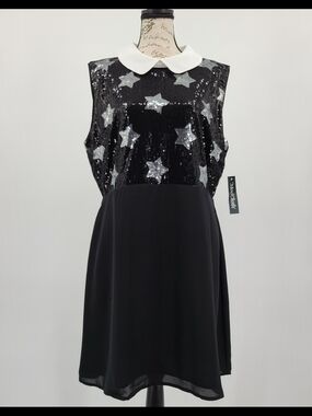 Modcloth Black Sequin Star A Line Dress with White Collar Size 16